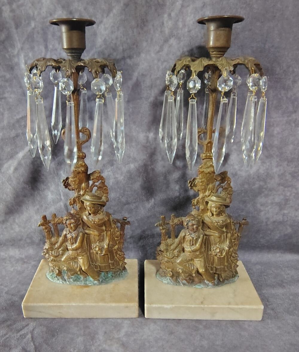 Antique Victorian Girandole Figural Candlestick Pair 1890's Brass Crystal Ladies